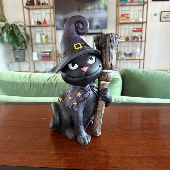 Cute Halloween Decor Smiling Black Cat in Wizard's Cape, Hat & Broom - Picture 1 of 6